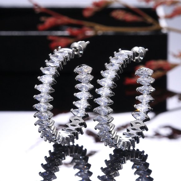 NEW Silver Marquis Diamond Inside Out Hoops - Picture 6 of 6